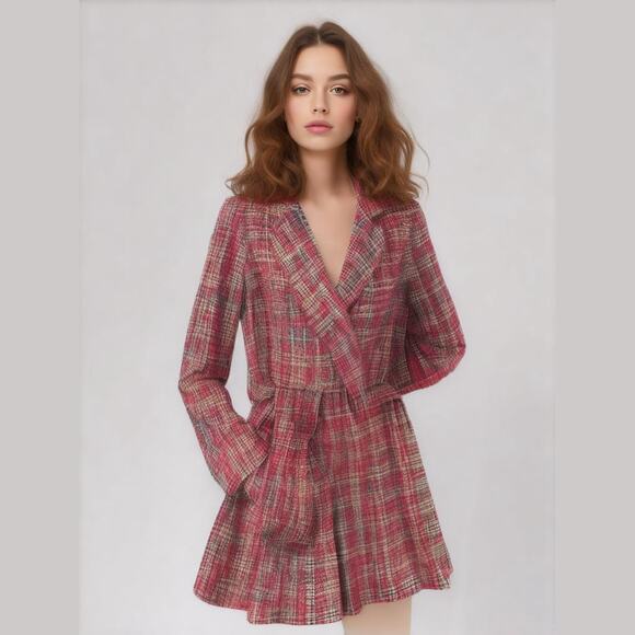 Forever 21 Hot Pink Multi Tweed 90s Retro Belted Fun Winter Outdoor Pea Coat S - Picture 1 of 11